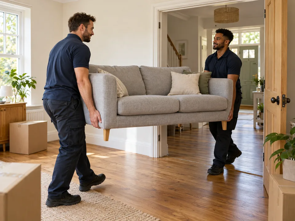 Two movers carefully carrying a sofa through a home