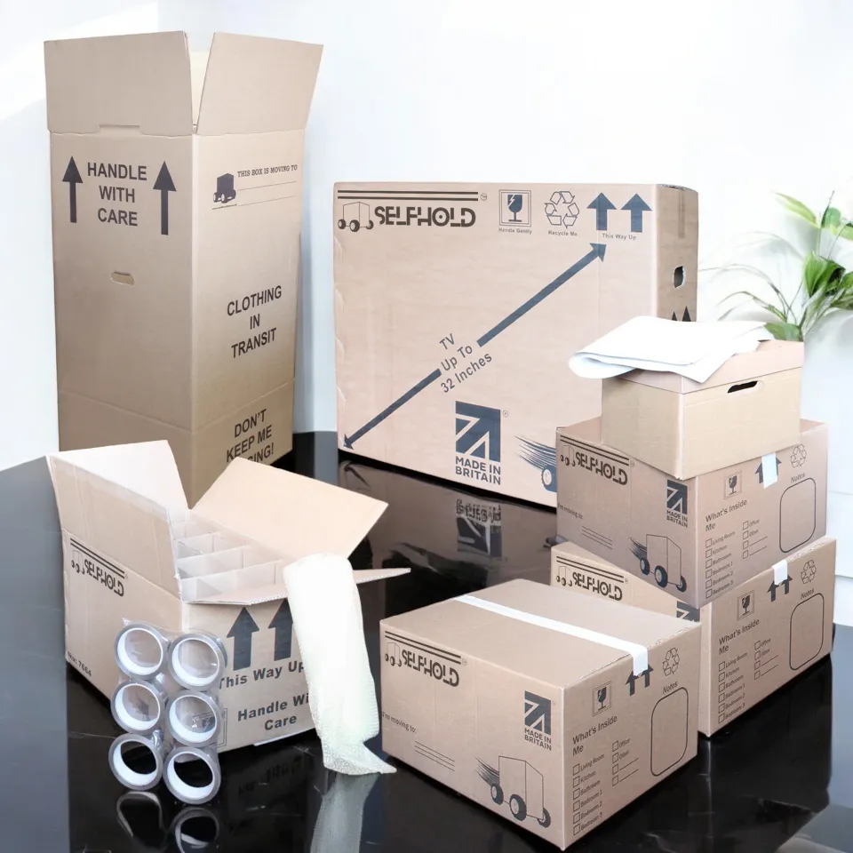 Cardboard moving boxes and packing supplies