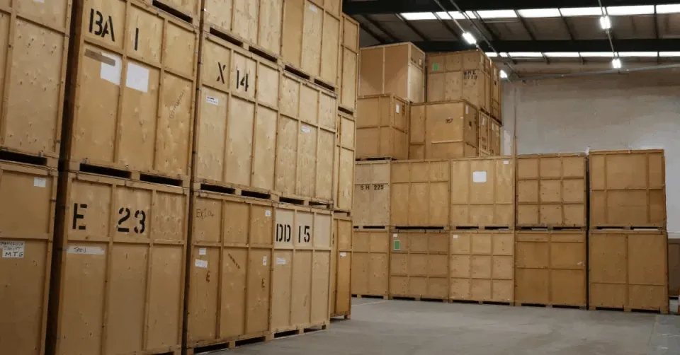 Wooden storage crates inside a warehouse