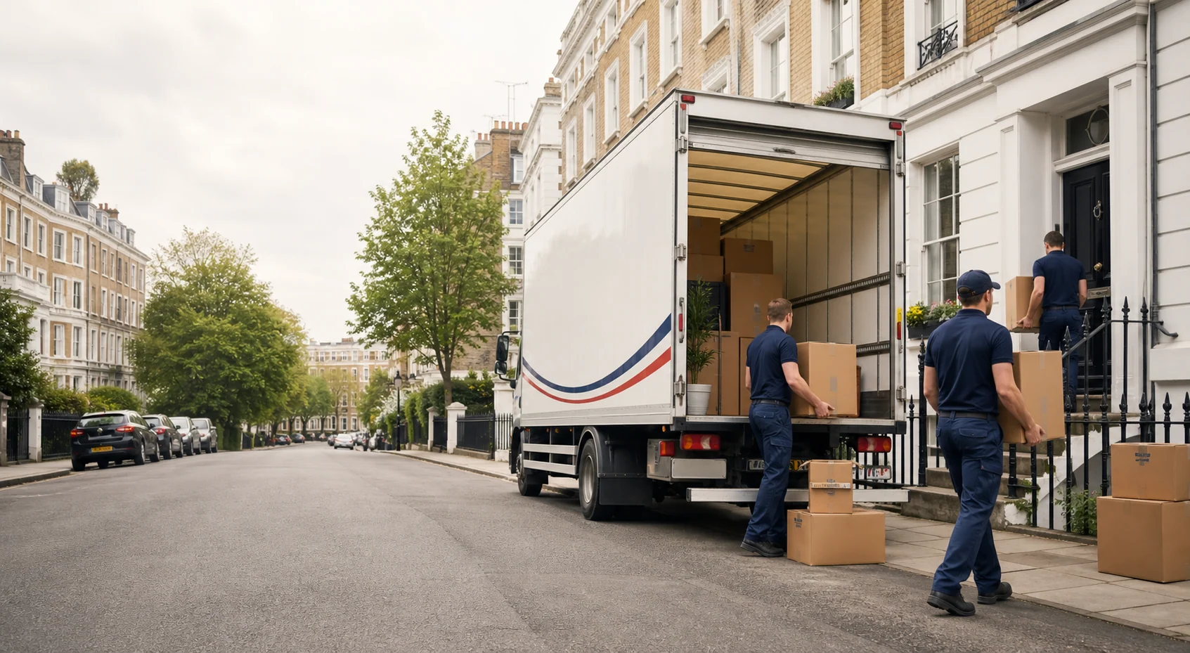 A removal crew carrying boxes from a van to a London townhouse